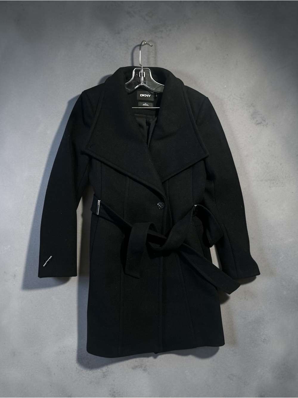 DKNY Black Wool Belted Trench Coat